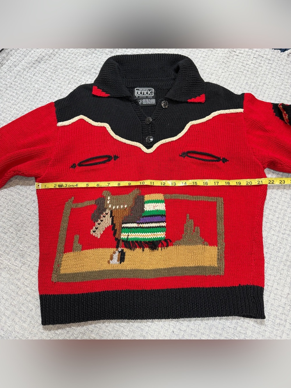 Vintage 80’s Berek Label Cowboy Rodeo Western Hand Knit Sweater Red Black Medium - Picture 13 of 15